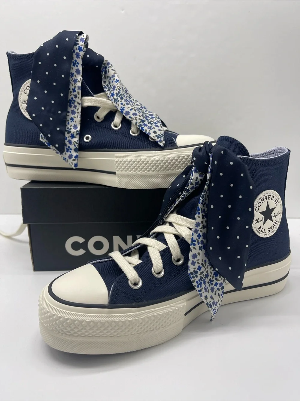 Converse CTAS High Top Platform Sneakers in Navy with Polka-Dot Scarf Laces